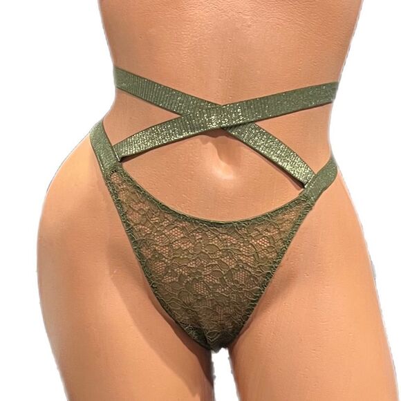 Victoria’s Secret Very Sexy Brazilian Slip Strappy High Waist Lace Panty Olive - Picture 1 of 5